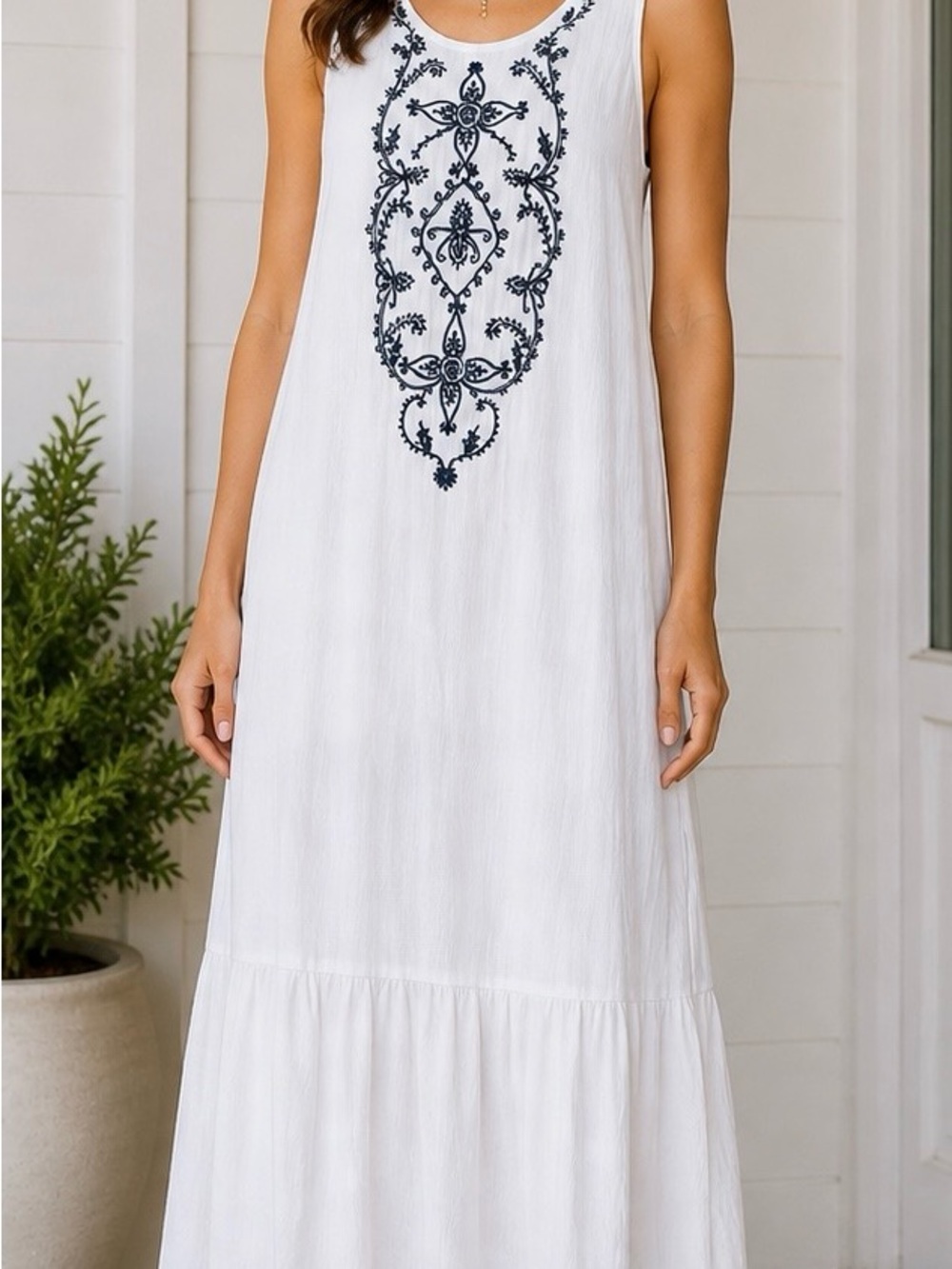 Lulu's White Sleeveless Maxi Dress with Navy Embroidery
